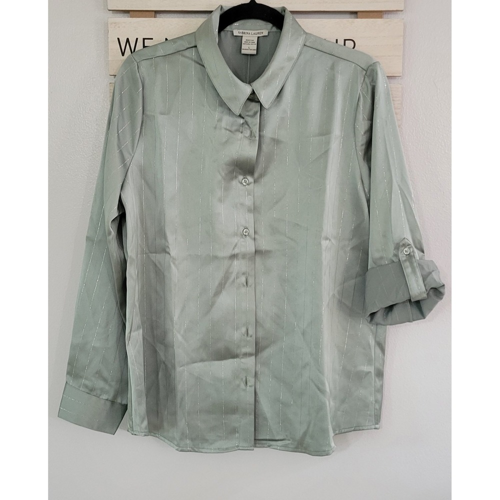 Sabrina Lauren green sparkle striped button-down long-sleeve‎ shirt Size L